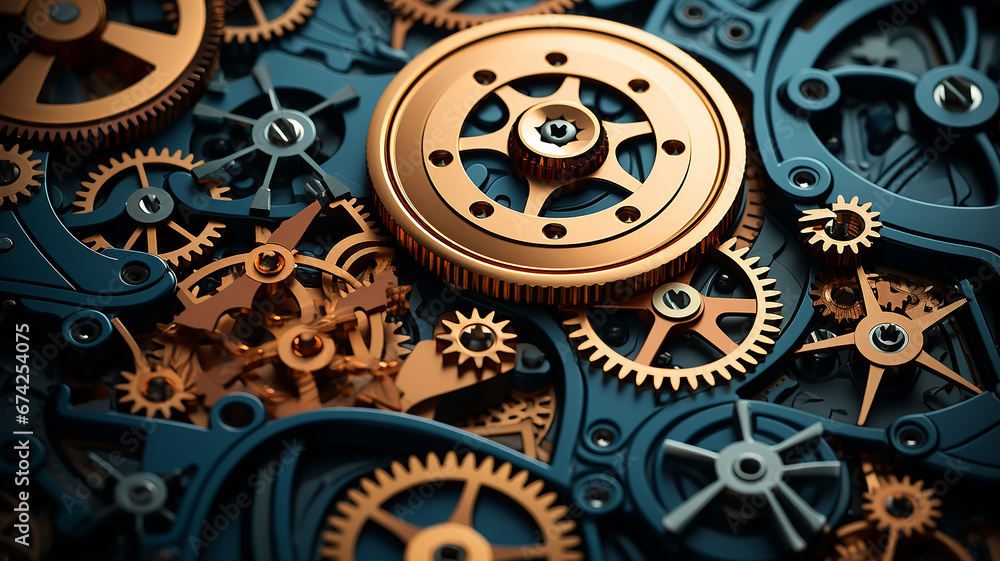 Fototapeta premium golden gears, teamwork concept complex business mechanism, mechanics abstract background, texture of work