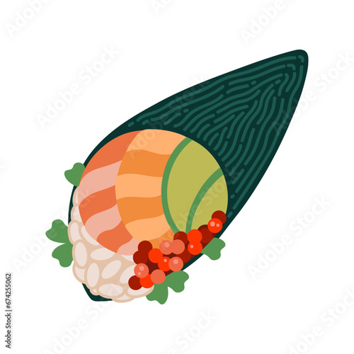 Temaki sushi vector icon. Asian roll in the shape of a cone with rice, salmon, tuna, shrimp, avocado, caviar wrapped in nori seaweed. Tasty fish snack, seafood isolated on white. Flat cartoon clipart