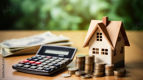 investment house property and real estate concept. mini house, coin and calculator on the desk, 3d illustration