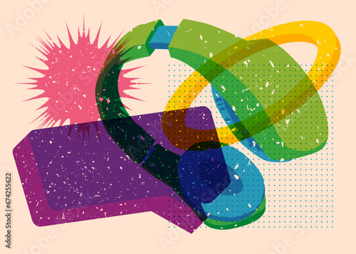 Risograph Headset with speech bubble and geometric shapes. Audio speaker, objects in trendy riso graph print texture style design with geometry elements.