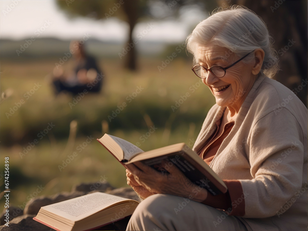 Mujer mayor abuela leyendo un libro en al campo - obrazy, fototapety, plakaty 