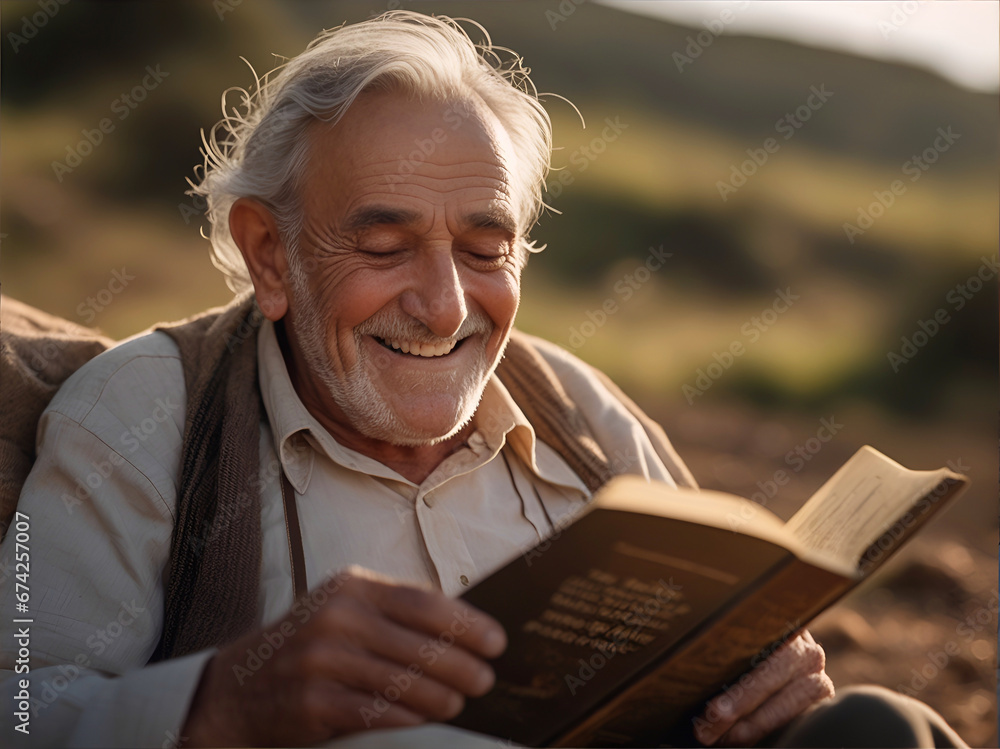Hombre mayor leyendo un libro en al campo - obrazy, fototapety, plakaty 