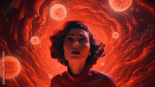 Woman Gazing Up at Celestial Red Swirls