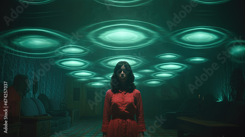 Young Girl Under Mysterious Green Lights
