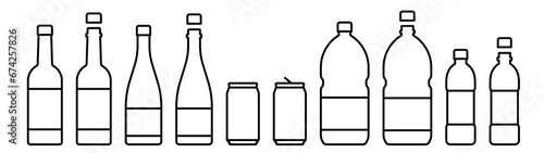 Glass bottles, cans and plastic bottles icon set. Black color outline icon on white background.