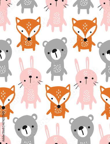 cute hand drawn baby animals  fox  bunny  bear  seamless pattern texture for kids background  textile  fabric or wrapping paper