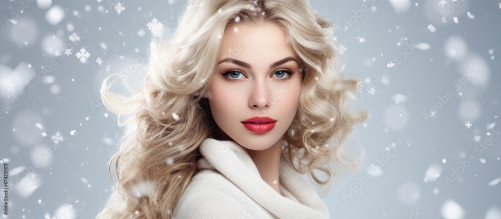 Blonde woman with stunning hair poses against a snowy winter background adorned with delicate snowflakes