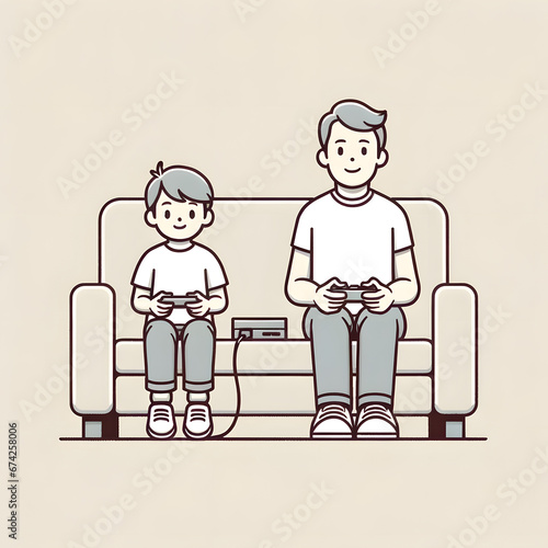 Family Gaming Time Illustration  father and son playing on the console together