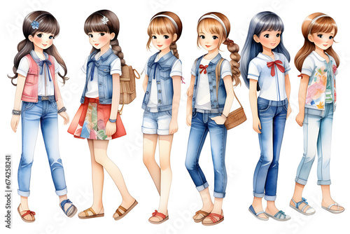 This is a picture of a paper doll of girls wearing jeans. It is a paper doll that is cut out with scissors and played with. Generative AI. photo