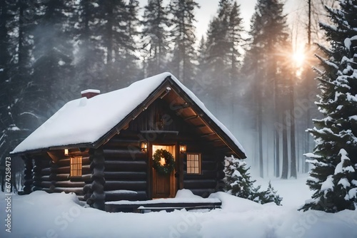 A cozy, rustic log cabin with icicles hanging from the eaves, surrounded by deep snow © shafiq