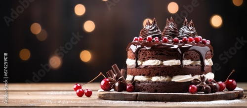 Delectable chocolate cake displayed against a bright wooden backdrop photo