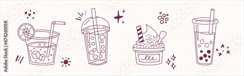 Bubble Boba milk tea, Pearl milk tea, Yummy drinks, coffees and soft drinks doodle style. Cute vector illustration of hot and iced coffee to go cup hand drawn set