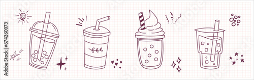 Bubble Boba milk tea, Pearl milk tea, Yummy drinks, coffees and soft drinks doodle style. Cute vector illustration of hot and iced coffee to go cup hand drawn set