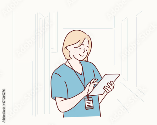 Young female nurse holding file in a hospital. Hand drawn style vector design illustrations.