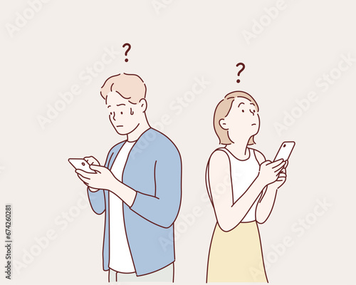 Young couple talking on the phone. Hand drawn style vector design illustrations.