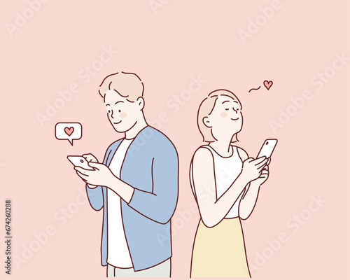 Young couple talking on the phone. Hand drawn style vector design illustrations.