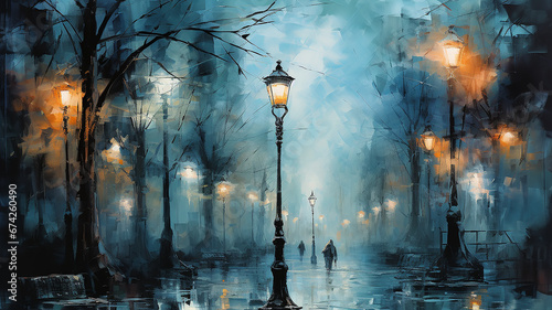 generated art landscape with street lights in the night autumn fog, fabulous picture silence mystery mist photo