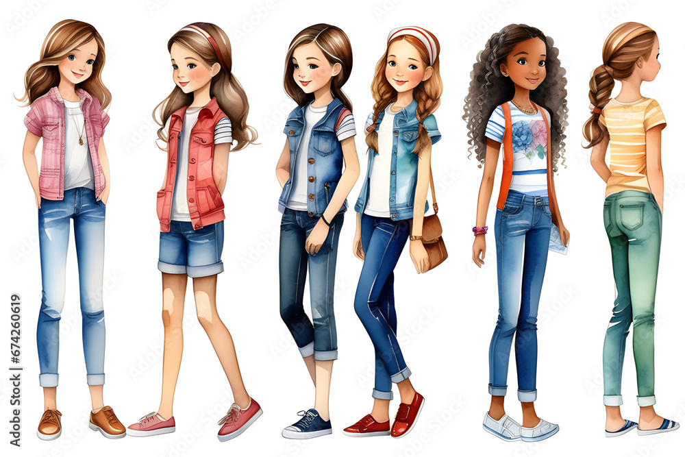 Obraz premium This is a paper doll depicting the lively appearance of girls wearing jeans. You can play with dolls by cutting paper with scissors. Generative AI. 