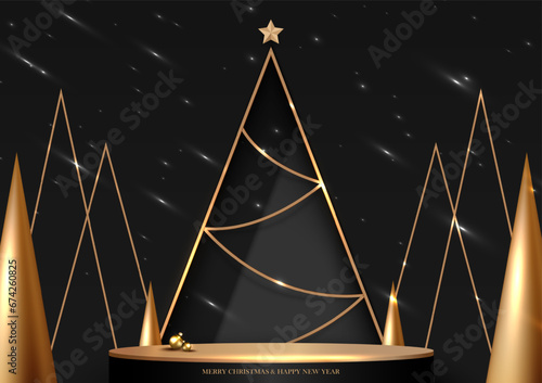 Stage podium for product with Christmas tree, stars shiny on black background. Vector illustration.