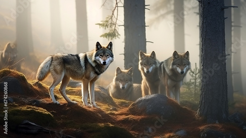 a pack of wolves in the autumn forest , frontal view of wildlife, predators hunting, fear of the attack of wild animals © kichigin19