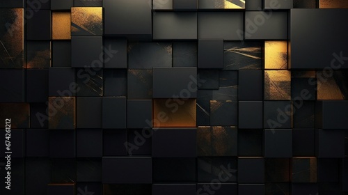 abstract background with glowing squares, Abstract dark geometric wall with 3D textures in noble gold and black, featuring squares and rectangles, a fusion texture