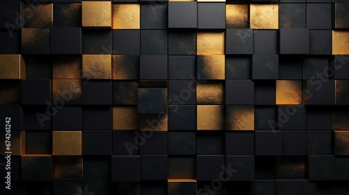 abstract background with squares, Abstract dark geometric wall with 3D textures in noble gold and black, featuring squares and rectangles, a fusion texture