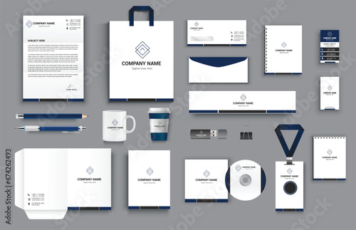 office business stationary set in blue black white color vector design with letter head envelop folder id card notepad dvd cover usb paper clip pen pencil cups business card shopper