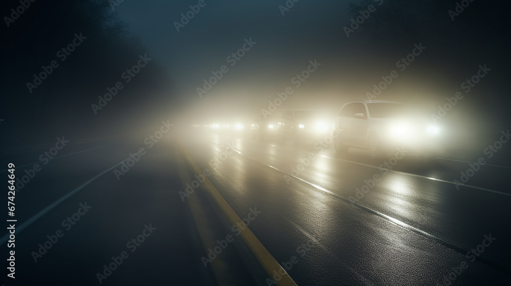 autumn fog on a wet night road in the headlights of a car, autumn dangerous driving weather, fog in the light of a car - obrazy, fototapety, plakaty 