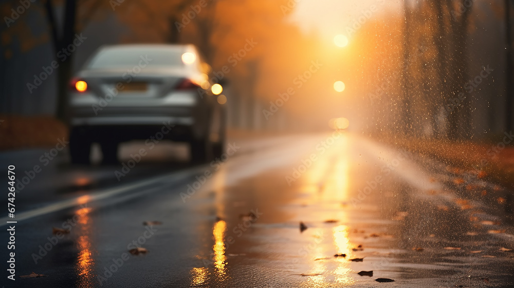 car luminous fog lamp close-up, autumn wet road in the weather rain and fog, leaf fall in yellow tones, the road in the headlights