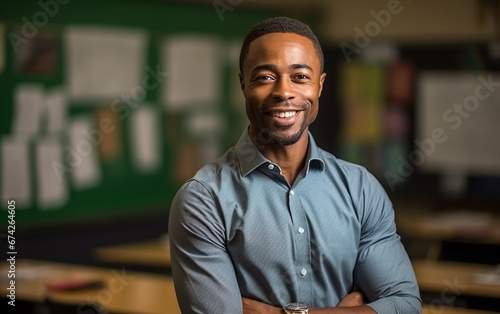 Cheerful confident handsome african american young teacher smiling looking at camera 