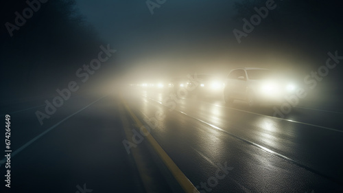 autumn fog on a wet night road in the headlights of a car, autumn dangerous driving weather, fog in the light of a car photo