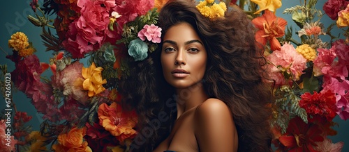 A young Latin woman wearing a swimsuit poses in front of a tree blooming with flowers while adorning her hair with a floral accessory photo
