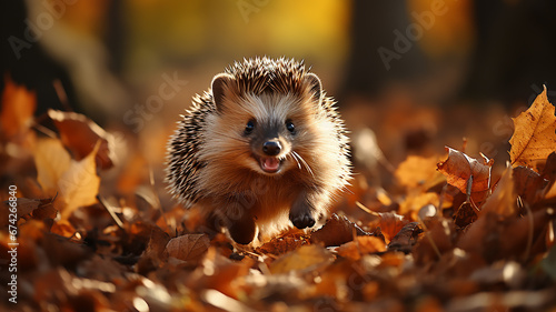freedom the hedgehog runs through the autumn forest dynamic scene leaves fly around the onset of autumn changes