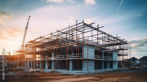 Construction background: A Construction site of large residential commercial building, some already built, large metal structure with bright sky background. © Phoophinyo