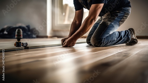 A Construction worker installing laminate flooring  room decoration design  professional technician  laminate background.