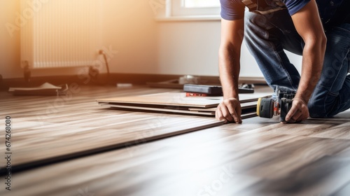 A Construction worker installing laminate flooring, room decoration design, professional technician, laminate background.