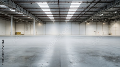 A Empty warehouse with concrete floor inside industrial building Use it as a large factory  warehouse  hangar or factory. Modern interior with steel structure with space for an industrial background.