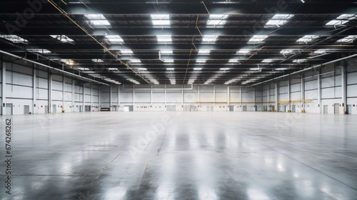 A Empty warehouse with concrete floor inside industrial building Use it as a large factory  warehouse  hangar or factory. Modern interior with steel structure with space for an industrial background.