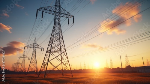 A Main power plants and power generators High voltage poles in power plants Energy and energy saving concepts.