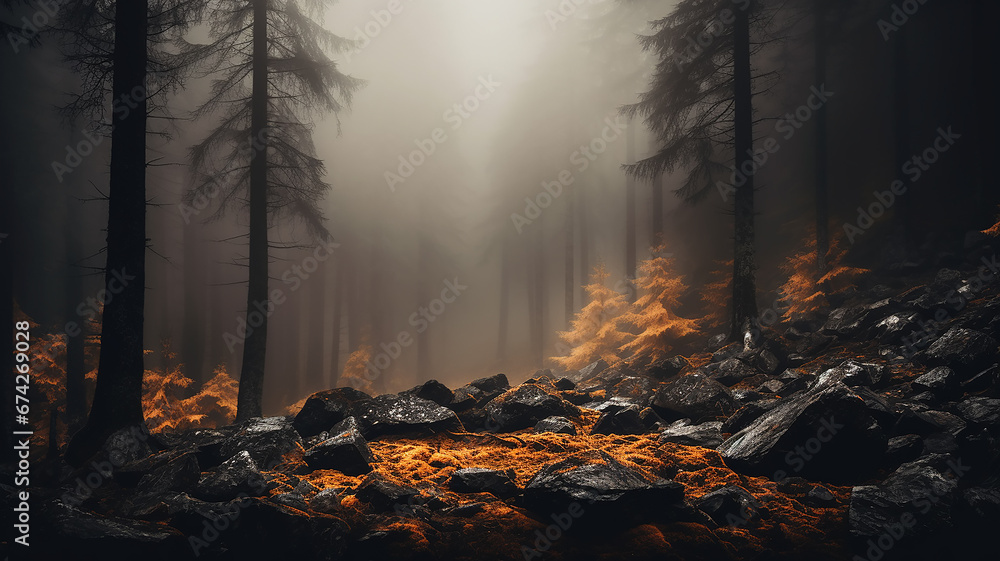 yellow misty autumn forest in the mountain landscape of October wildlife yellow misty autumn forest in the mountain landscape of October wildlife