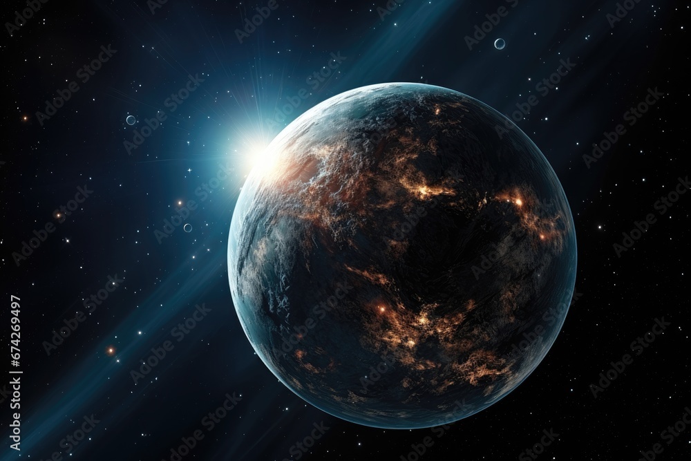 Obraz premium An abstract wallpaper featuring a distant planet illuminated by the brilliant light of a nearby star, set against the cosmic backdrop of outer space. Photorealistic illustration