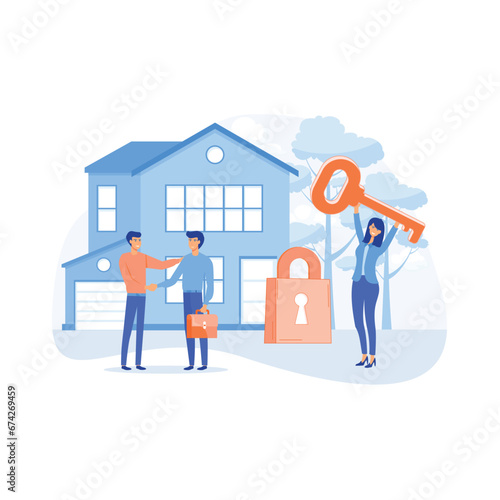 Real estate business concept. Buying a house, house keys, protection and security, real estate and turnkey rental,flat vector modern illustration 