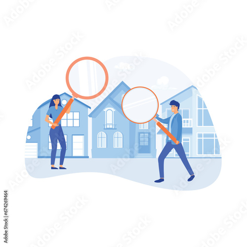 Real estate business concept.  people group looking home on market. Buy or rent house online, flat vector modern illustration 