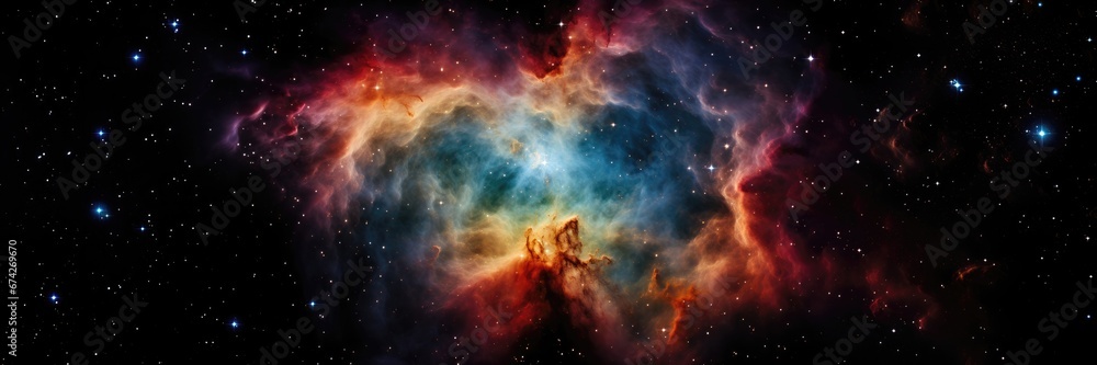 Fototapeta premium In a wide-format abstract wallpaper, a vibrant nebula comes to life with its colorful and ethereal clouds, offering a breathtaking celestial spectacle. Photorealistic illustration