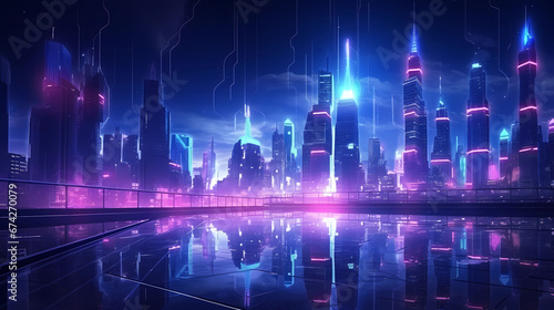 City background with neon lights at night