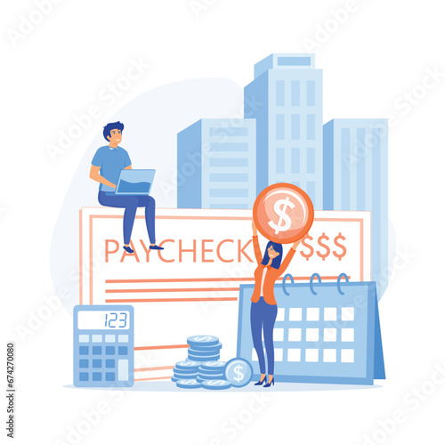 Salary and payroll. Calendar with payday and a paycheck, flat vector modern illustration 