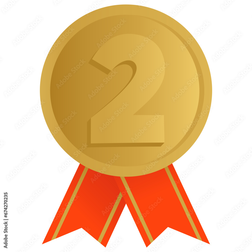 2nd Place Gold Medal with Red Ribbon Vector Illustration Icon 2nd Place Gold Medal with Red Ribbon Vector Illustration Icon