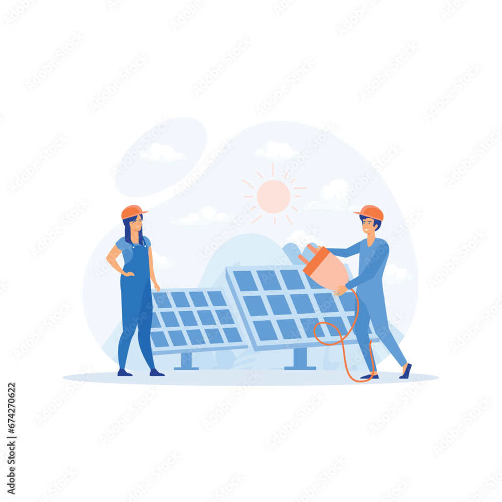 Renewable energy. alternative energy resource with solar panels, Solar panel power and Engineer, flat vector modern illustration Renewable energy. alternative energy resource with solar panels, Solar panel power and Engineer, flat vector modern illustration