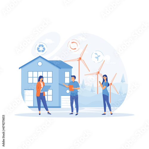 Eco House. Ecology Green Energy, Solar and Wind Power, flat vector modern illustration 