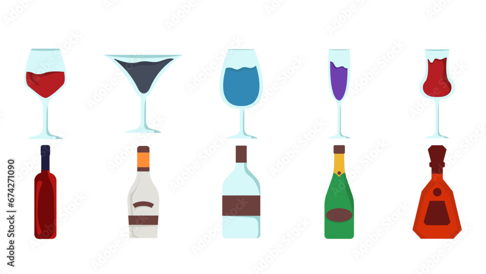 Set of wine drinks illustration. Wine bottle and cocktail drink glass. Vector Illustration. Set of wine drinks illustration. Wine bottle and cocktail drink glass. Vector Illustration.